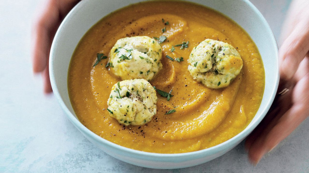 Spiced pumpkin and chickpea soup with oat and parsley dumplings