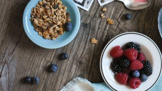 Summer fruit bircher muesli with banana and berries