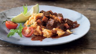 Chilli con carne with sweet potato and cannellini bean mash