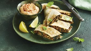 Lamb, feta and mint gozleme with capsicum dip