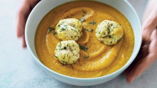 Spiced pumpkin and chickpea soup with oat and parsley dumplings